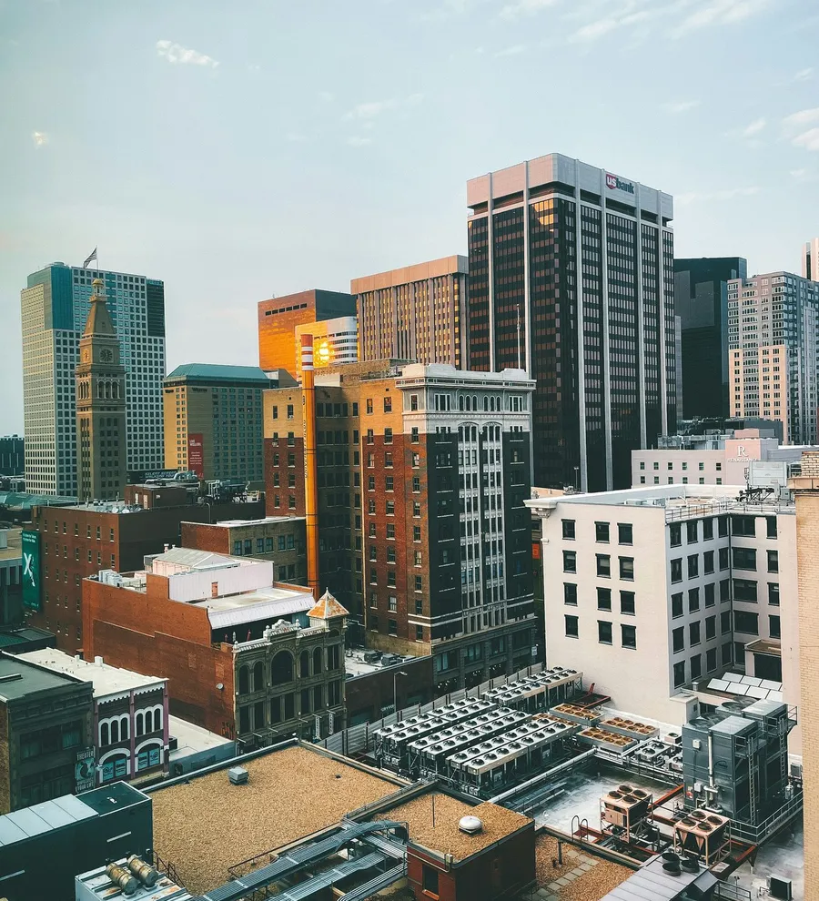 The Denver, Colorado downtown skyline at golden hour